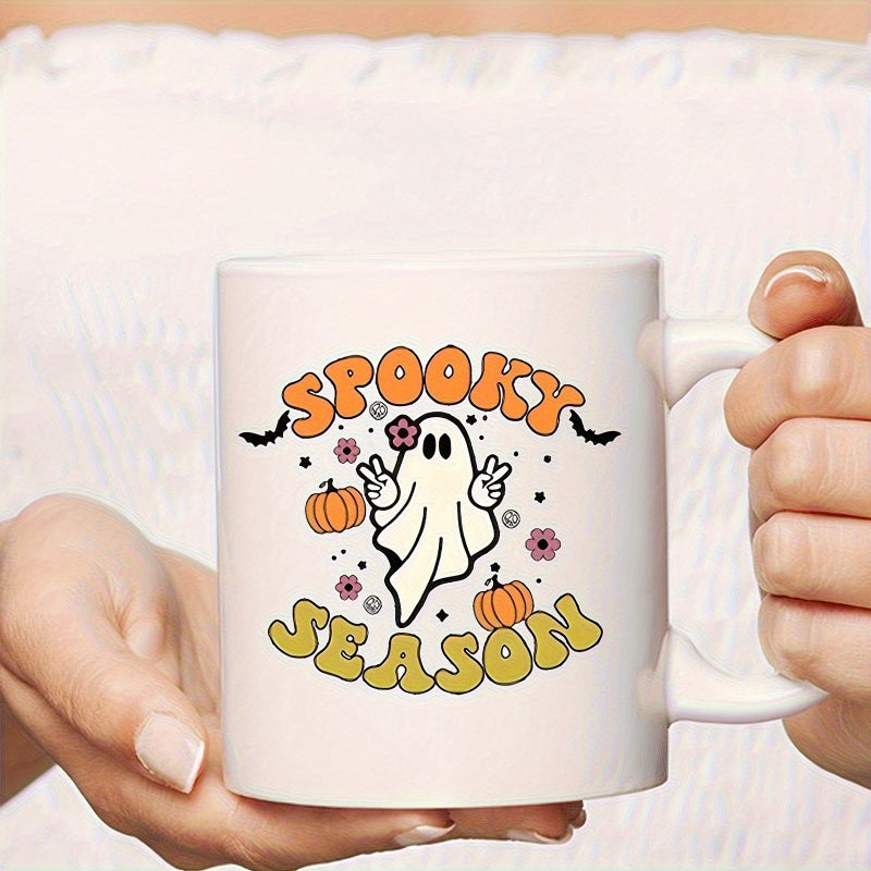 Tailorly White Ceramic 11 oz Mug - Spooky Season Bubbly Retro Styling With Peace Signs Floating Among Bats And Pumpkins Ghost