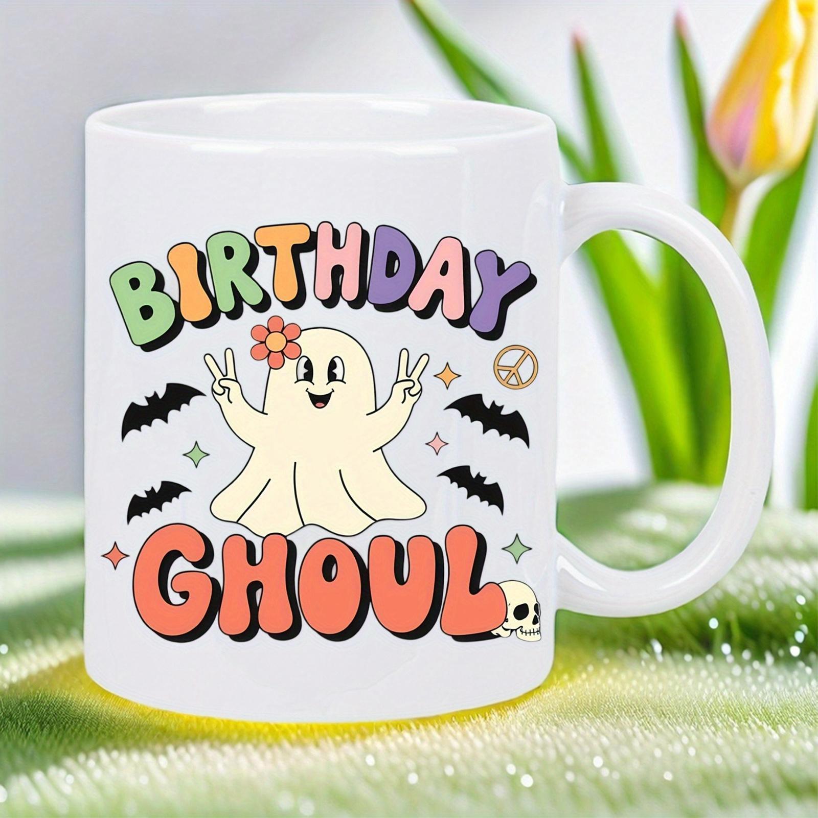 Tailorly White Ceramic 11 oz Mug - Birthday Ghoul Cute Retro Friendly Figure Showing Peace Signs Surrounded By Flying Bats Ghost