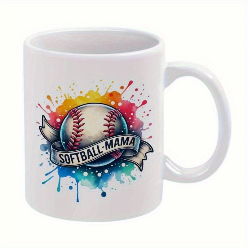 Tailorly White Ceramic 11 oz Mug - Softball Mama Vibrant Colorful Paint Splatter Effect Behind A Detailed Classic Athletic Softball