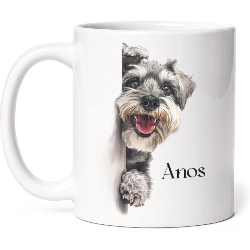 Tailorly White Ceramic 11 oz Mug - Anos Realistic Hand Drawn Grey Dog Peeking Around Edge Smiling Schnauzer
