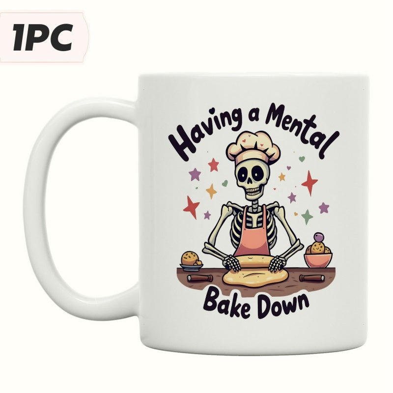 Tailorly White Ceramic 11 oz Mug - Having A Mental Bake Down Cartoon Skeleton Chef Rolling Dough On A Table With Sparkling Stars Skeleton