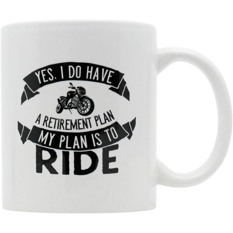 Tailorly White Ceramic 11 oz Mug - Yes I Do Have A Retirement Plan My Plan Is To Ride Detailed Vintage Cruiser Motorbike Silhouette Parked Inside Classic