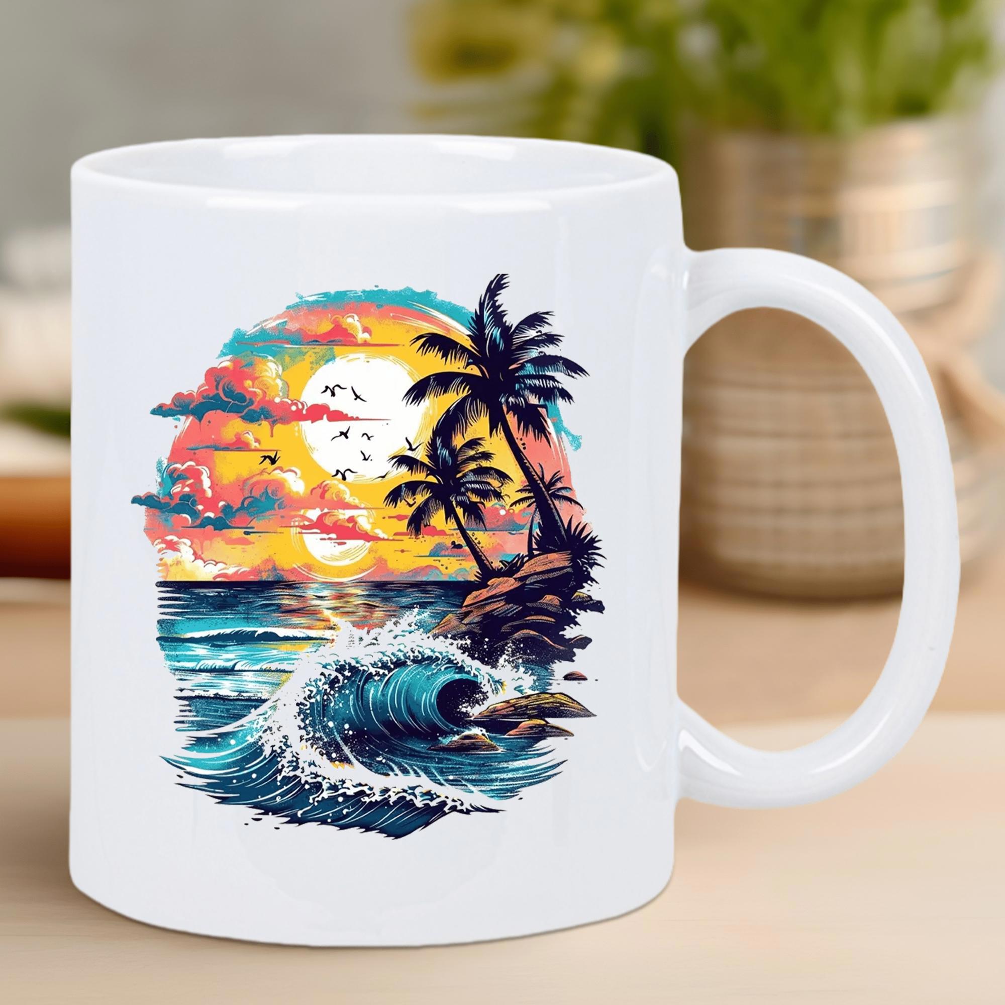 Tailorly White Ceramic 11 oz Mug - Vibrant Tropical Sunset Over Crashing Waves And Silhouetted Palm Trees Ocean
