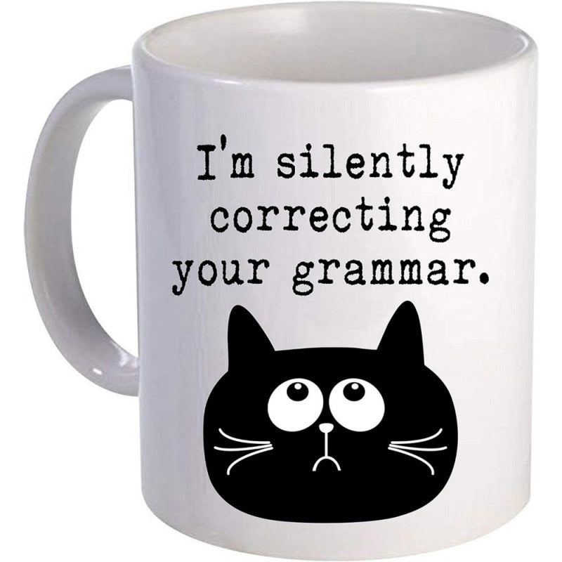 Tailorly White Ceramic 11 oz Mug - I'm Silently Correcting Your Grammar Minimalist Silhouette Of A Black Feline Gazing Upward With Curious Eyes Cat