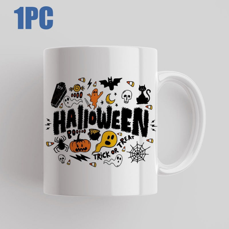 Tailorly White Ceramic 11 oz Mug - Halloween Trick Or Treat Spooky Festive Doodles Featuring Pumpkins Ghosts And Bats Mug