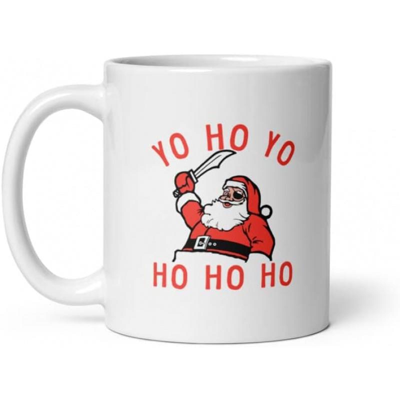Tailorly White Ceramic 11 oz Mug - Yo Ho Yo Ho Ho Ho Jolly Pirate Clad In Red Suit Wielding A Sharp Steel Cutlass Blade Santa