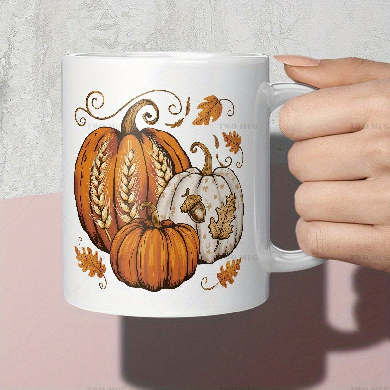 Tailorly White Ceramic 11 oz Mug - Rustic Autumn Harvest With Golden Wheat Patterns And Falling Foliage Pumpkin