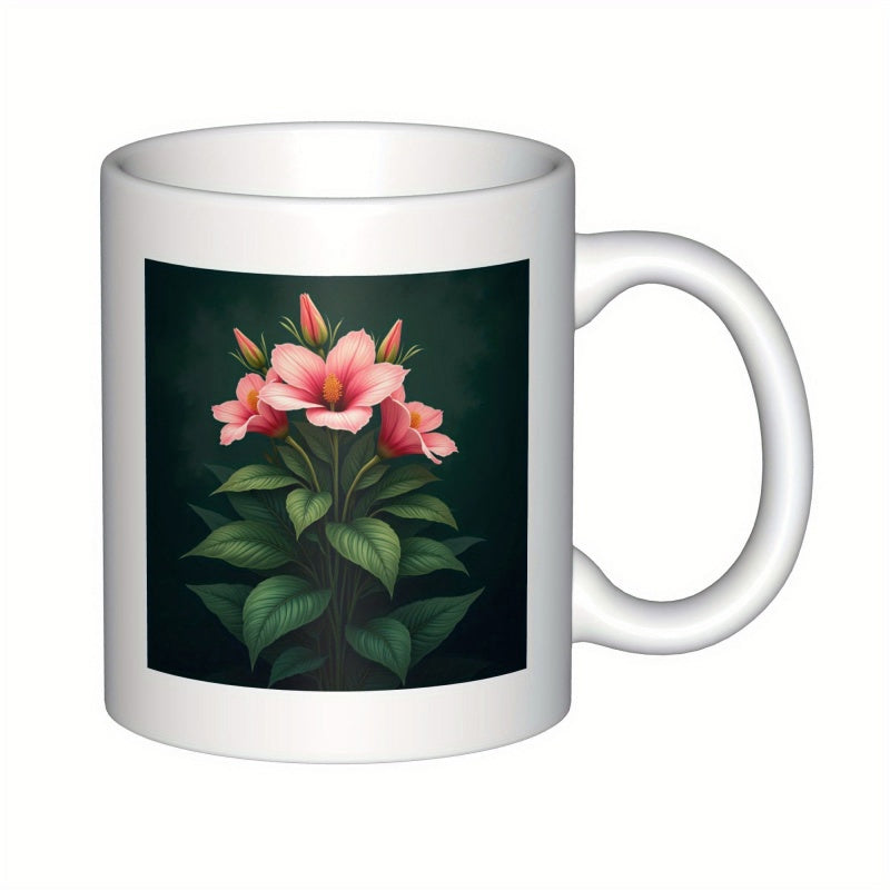 Tailorly White Ceramic 11 oz Mug - Blooming Pink Hibiscus Petals With Lush Green Leaves Set Against Dark Atmosphere Flower