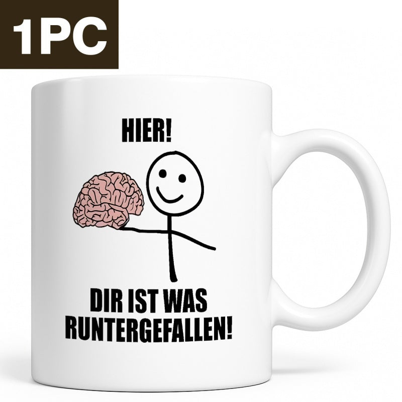 Tailorly White Ceramic 11 oz Mug - Simple Stick Figure Person Holding A Small Pink Human Brain Stick Figure
