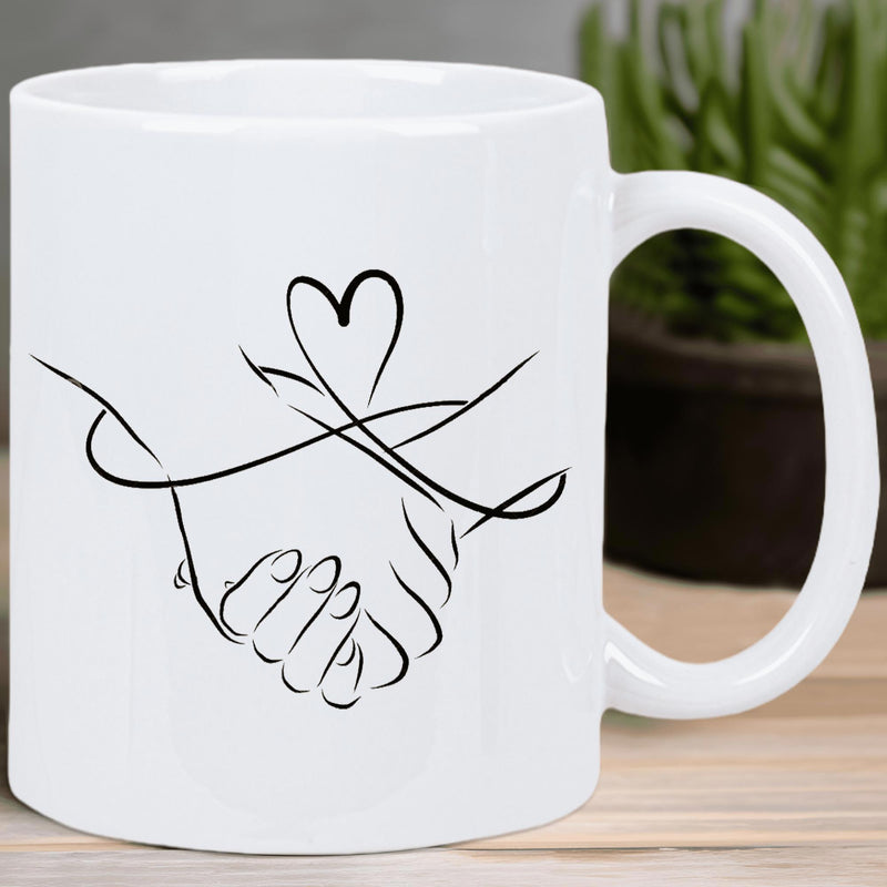 Tailorly White Ceramic 11 oz Mug - Minimalist Black Line Art Sketch Of Two Entwined Caring Human Hands