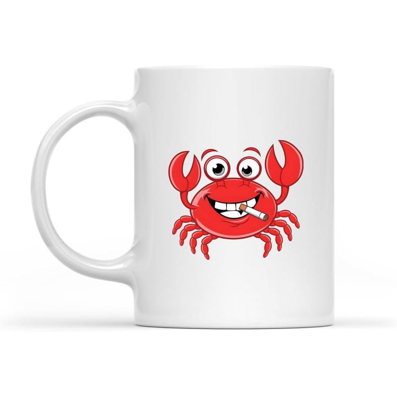 Tailorly White Ceramic 11 oz Mug - Cheerful Red Cartoon Crab Smoking Cigarette On Clean White Background Crab