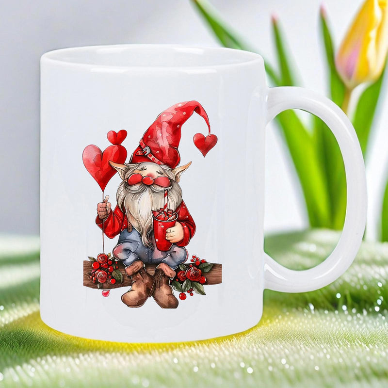 Tailorly White Ceramic 11 oz Mug - Whimsical Watercolor Garden Elf Holding Heart Balloons Sitting On Rustic Wood Gnome