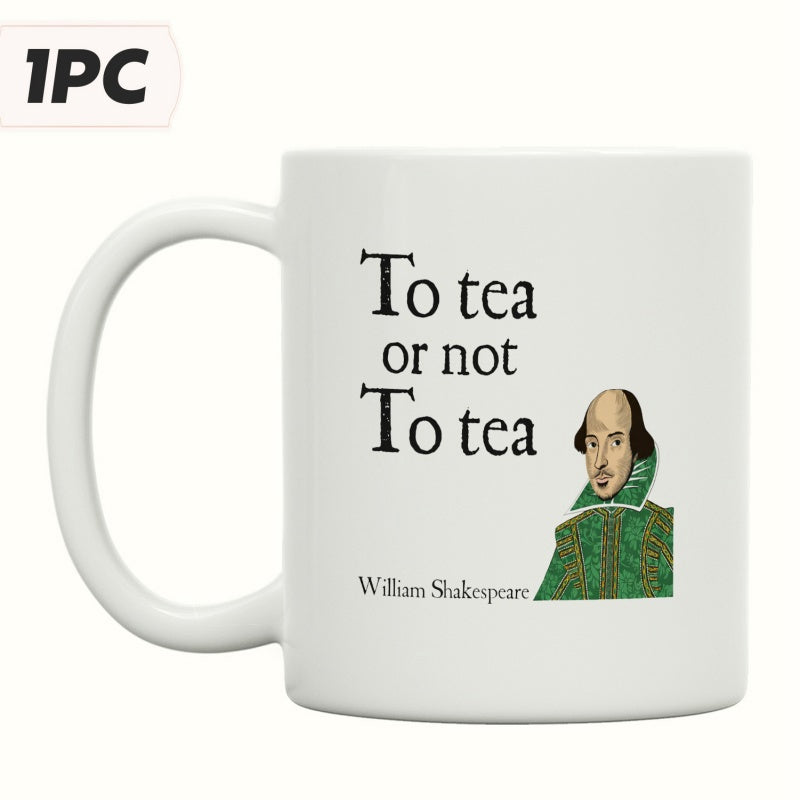 Tailorly White Ceramic 11 oz Mug - To Tea Or Not To Tea William Shakespeare Classic Renaissance Illustration Featuring Ruffled Collar And Detailed Facial Features