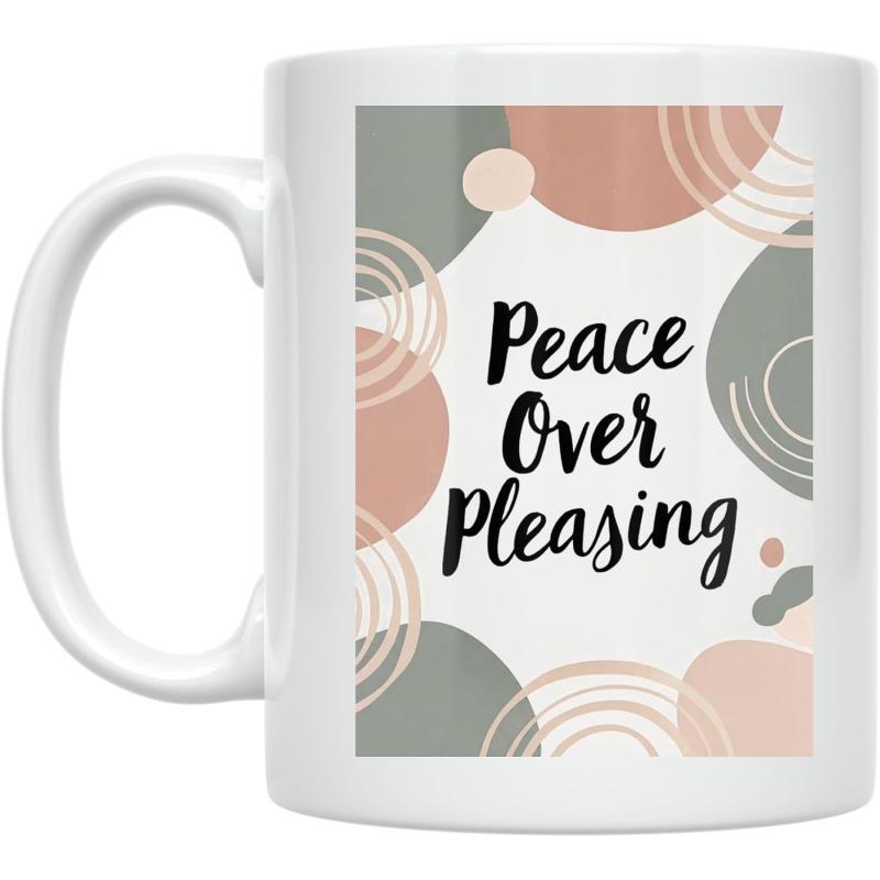 Tailorly White Ceramic 11 oz Mug - Peace Over Pleasing Minimalist Abstract Geometric Shapes In Muted Earthy Tones With Circular Lines Pattern