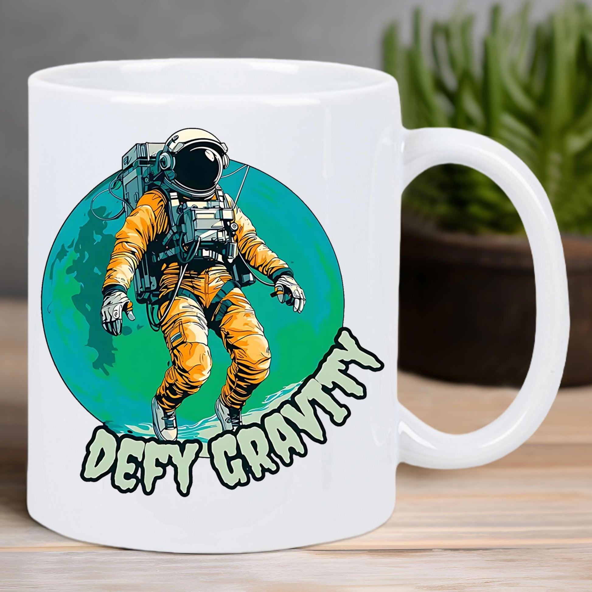 Tailorly White Ceramic 11 oz Mug - Defy Gravity Floating In Space Wearing Yellow Suit With Teal Circular Background Astronaut
