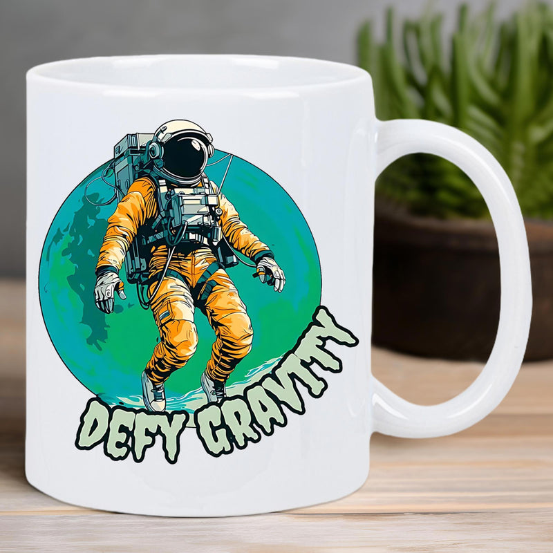 Tailorly White Ceramic 11 oz Mug - Defy Gravity Floating In Space Wearing Yellow Suit With Teal Circular Background Astronaut