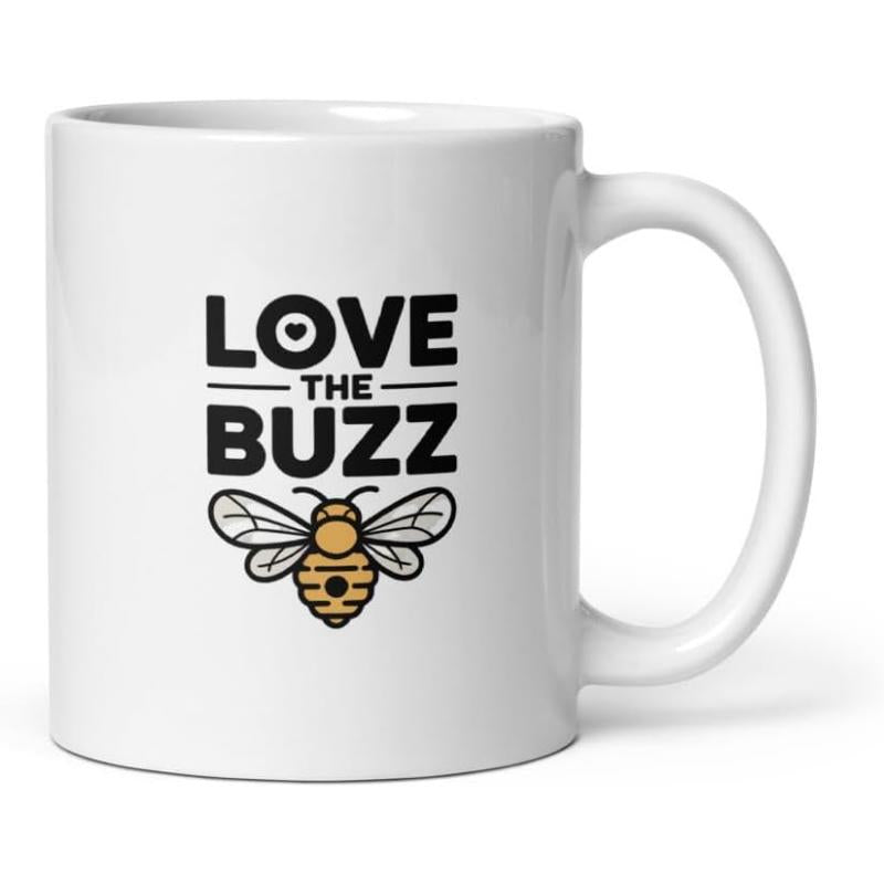Tailorly White Ceramic 11 oz Mug - Love The Buzz Charming Cartoon Honey Bee With Detailed Wings And Small Heart Bee