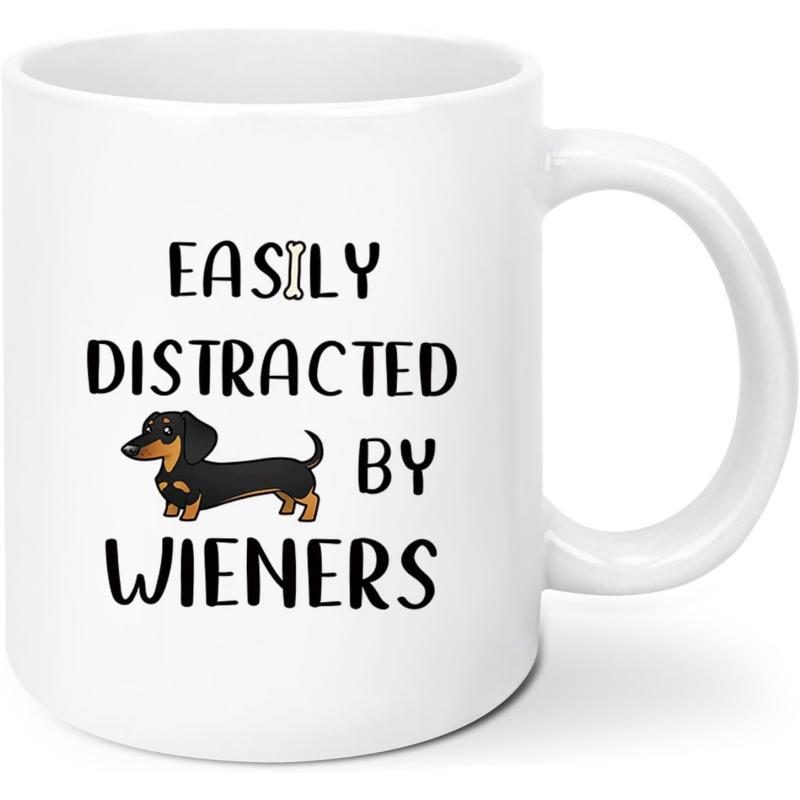 Tailorly White Ceramic 11 oz Mug - Easily Distracted By Wieners Small Black And Tan Puppy Standing Confidently On A White Surface Dachshund