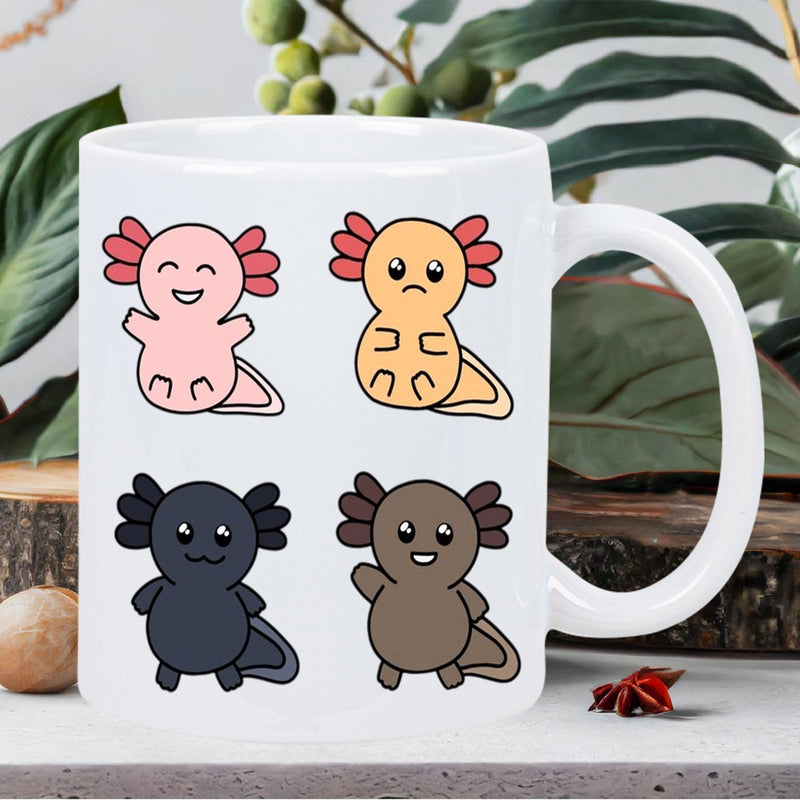 Tailorly White Ceramic 11 oz Mug - Cute Colorful Cartoon Axolotls Sitting And Waving On A White Surface Axolotl