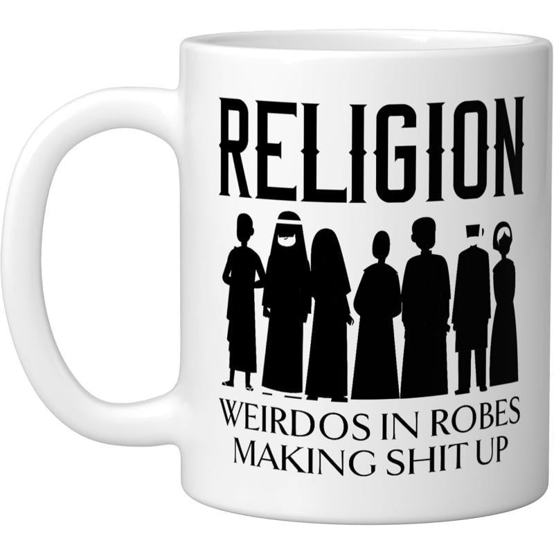 Tailorly White Ceramic 11 oz Mug - Religion Weirdos In Robes Making Shit Up Diverse Figures In Traditional Garments Standing Together As A Group Silhouette