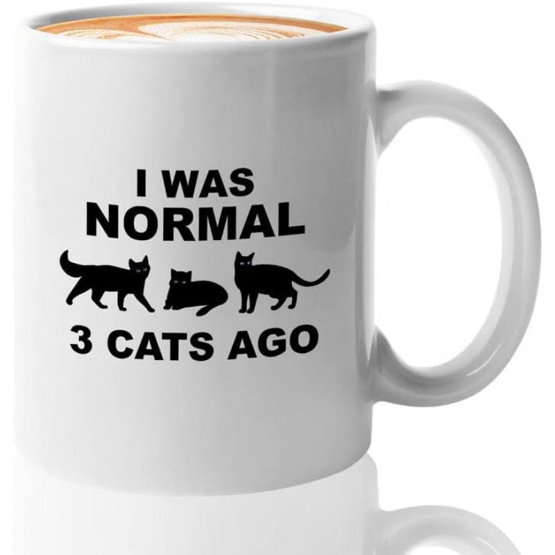 Tailorly White Ceramic 11 oz Mug - I Was Normal 3 Cats Ago Three Minimalist Black Silhouettes Sitting And Standing In A Row Cats