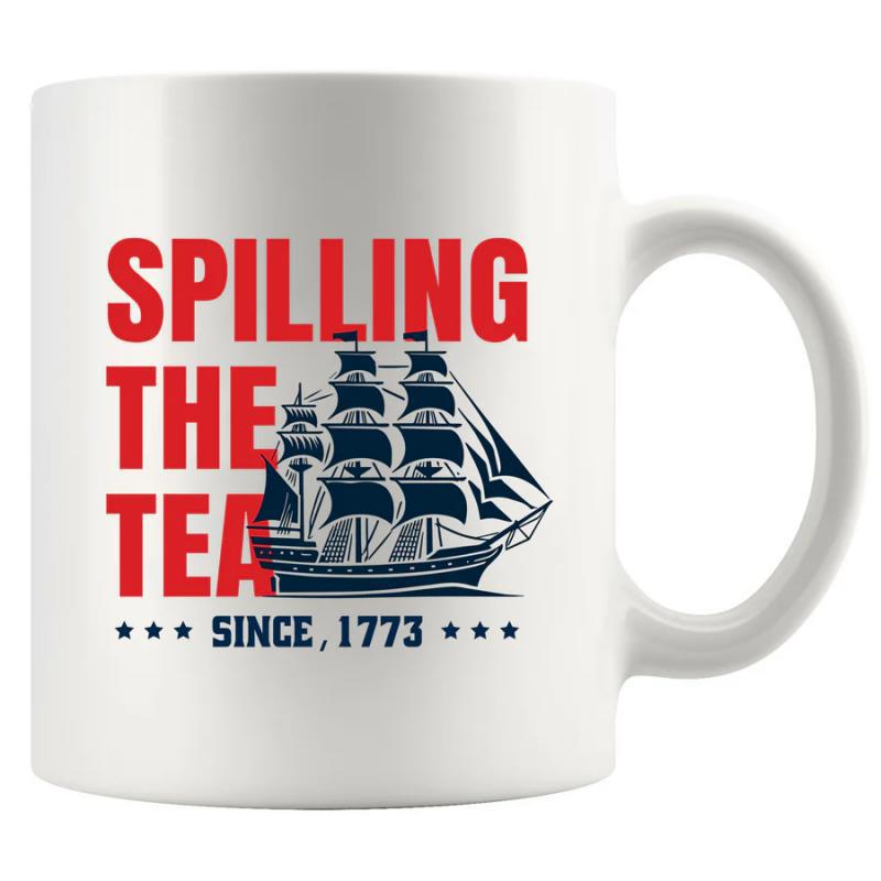 Tailorly White Ceramic 11 oz Mug - Spilling The Tea Since 1773 Historical Nautical Sailing Ship With Detailed Rigging And Decorative Stars Ship