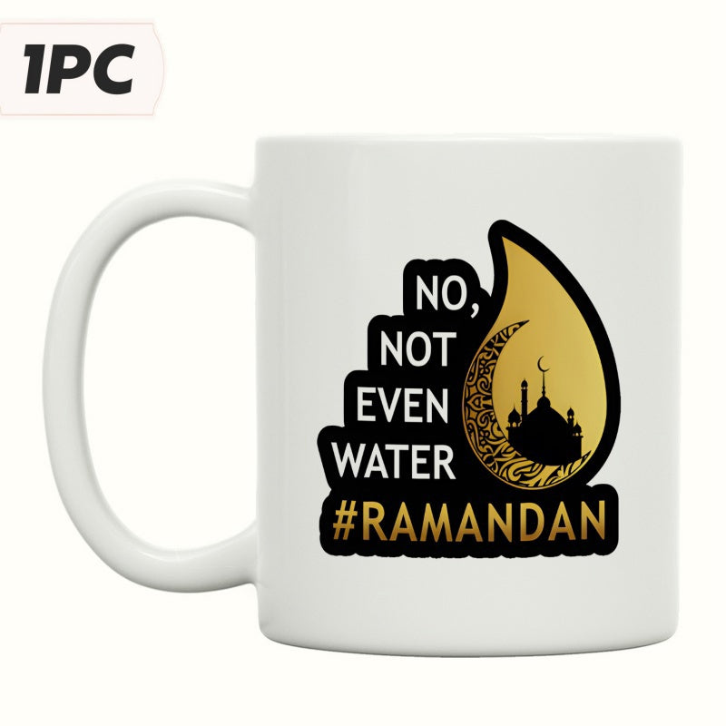 Tailorly White Ceramic 11 oz Mug - No Not Even Water Ramadan Golden Crescent Moon With Dark Mosque Silhouette Inside Decorative Water Drop Mosque