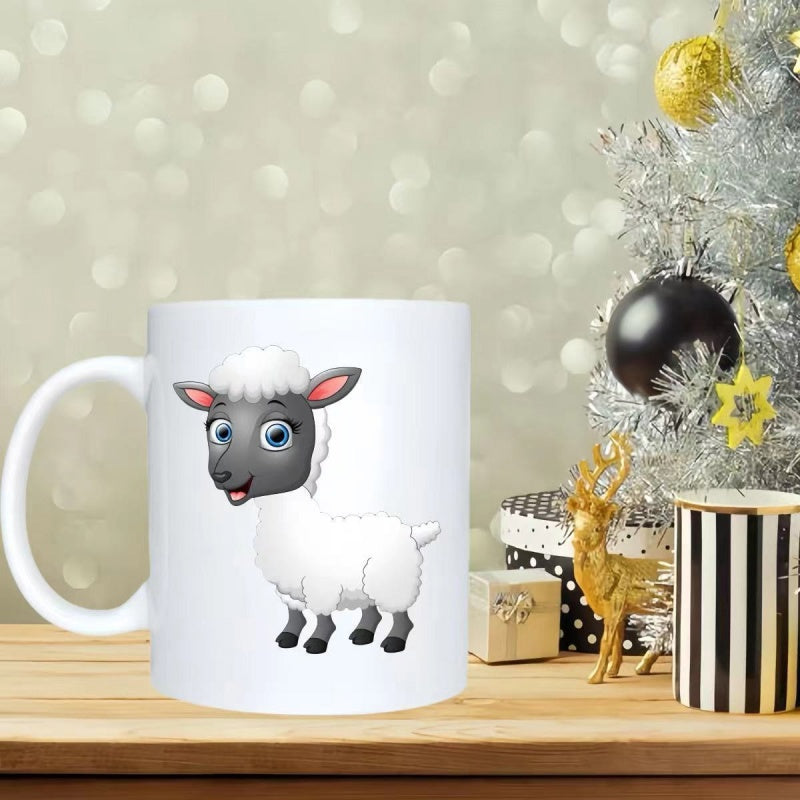 Tailorly White Ceramic 11 oz Mug - Cute Cartoon Lamb Standing With Fluffy White Wool And Friendly Smile Sheep
