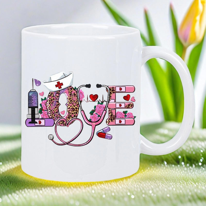 Tailorly White Ceramic 11 oz Mug - Love Medical Icons Forming Letters With Pink Leopard Patterns And Red Heart Stethoscope