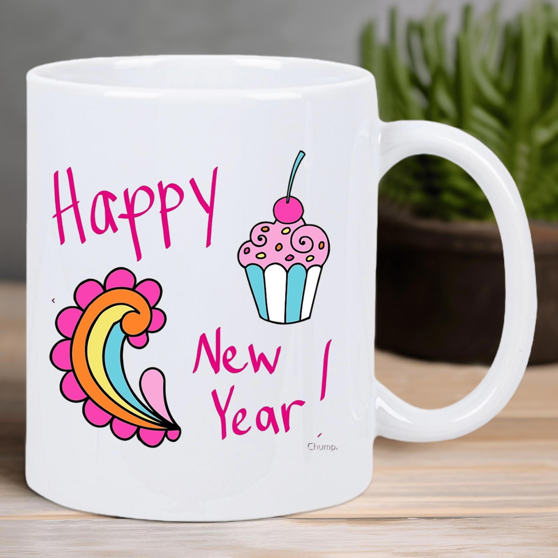Tailorly White Ceramic 11 oz Mug - Happy New Year Colorful Rainbow Swirl And Sweet Cherry Pink Frosting Cupcake