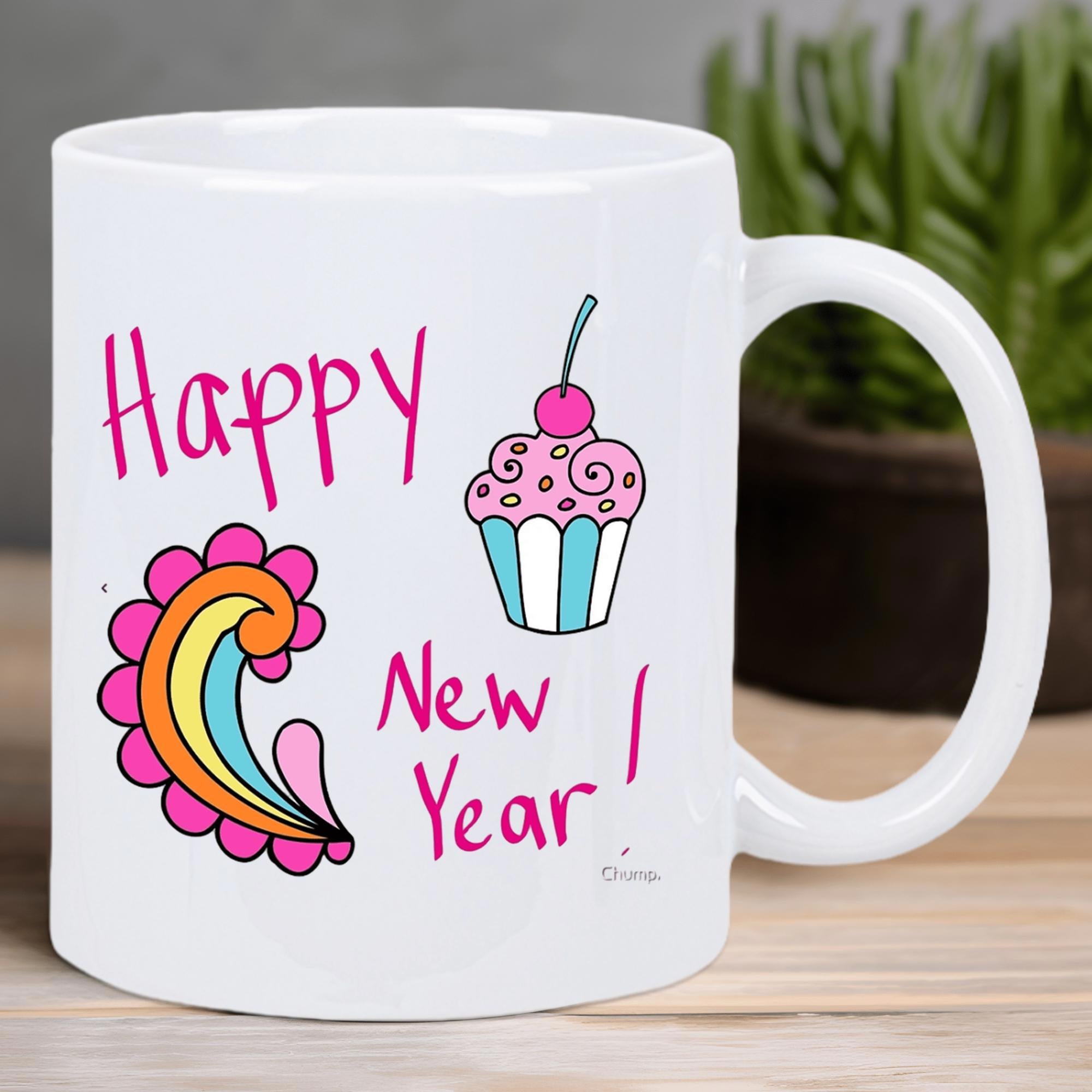 Tailorly White Ceramic 11 oz Mug - Happy New Year Colorful Rainbow Swirl And Sweet Cherry Pink Frosting Cupcake