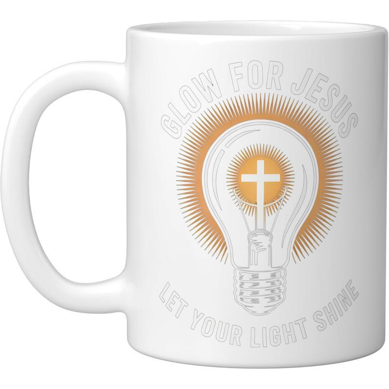 Tailorly White Ceramic 11 oz Mug - Glow For Jesus Let Your Light Shine Radiating Golden Sunburst Rays From A Symbolic Glowing Religious Cross Inside Light Bulb