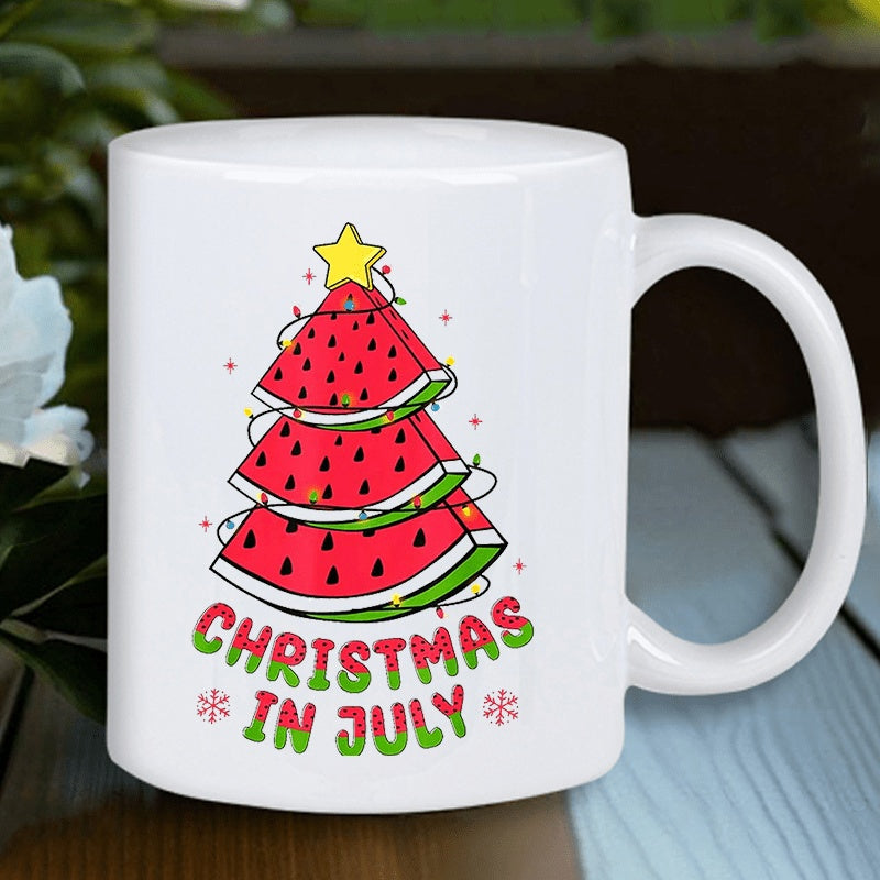 Tailorly White Ceramic 11 oz Mug - Christmas In July Festive Stacked Watermelon Slices Decorated With Fairy Lights And Star Watermelon