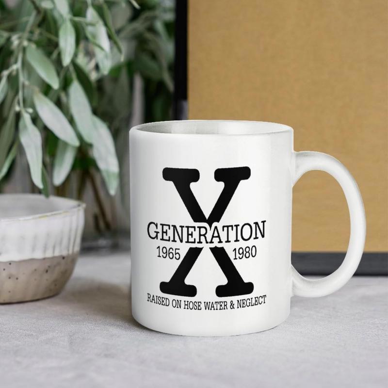 Tailorly White Ceramic 11 oz Mug - Generation X 1965 1980 Raised On Hose Water Neglect Minimalist Black Typography Design Featuring Bold Serif Large Letter X Mug