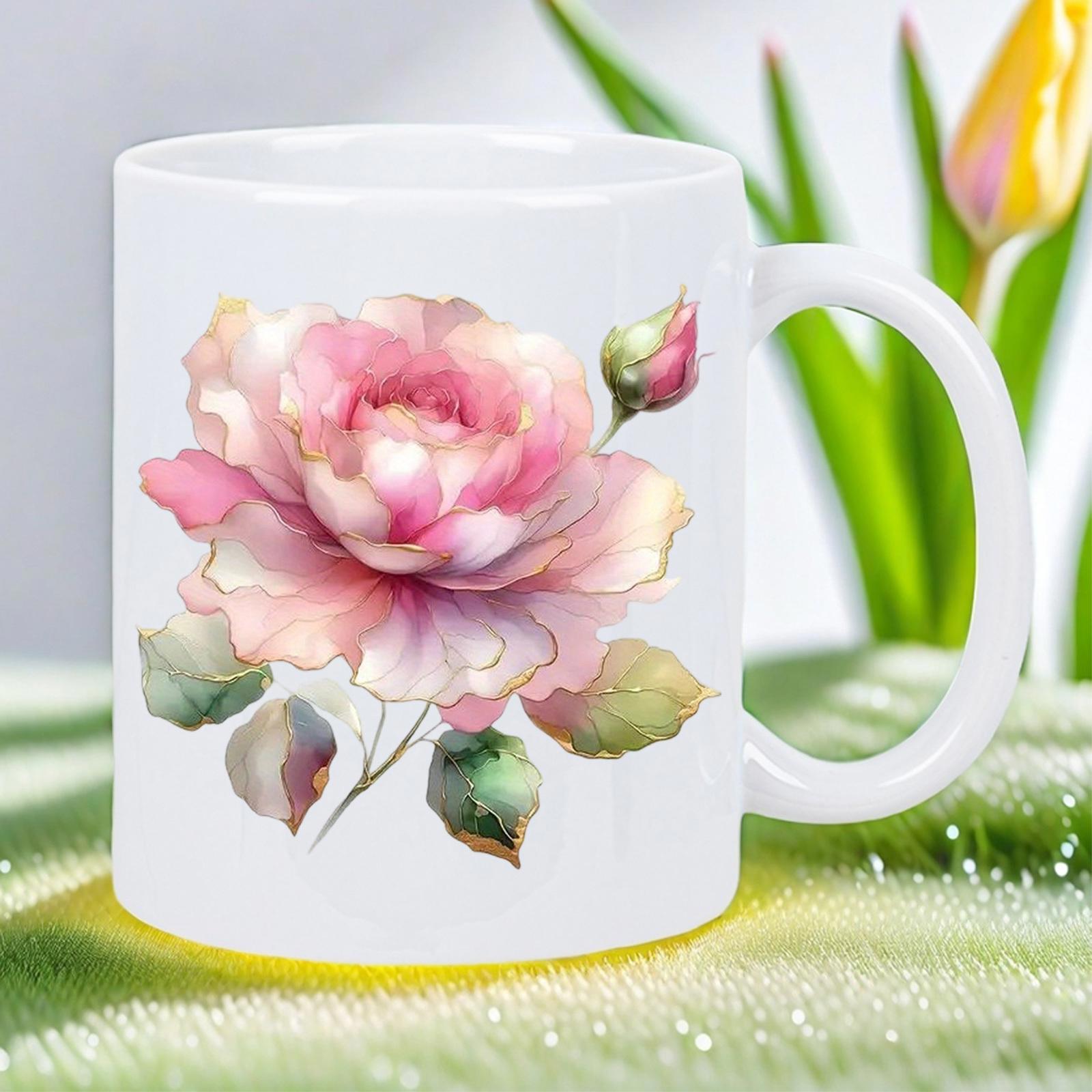 Tailorly White Ceramic 11 oz Mug - Soft Pink Watercolor Petals With Green Leaves And Small Bud Rose