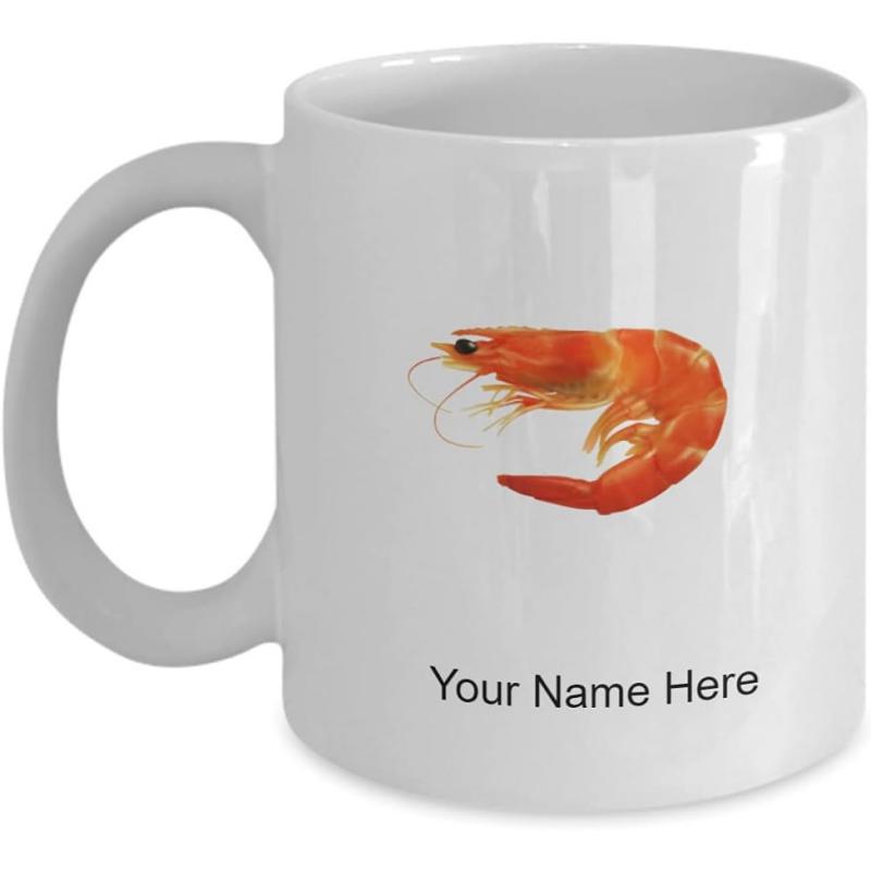Tailorly White Ceramic 11 oz Mug - Your Name Here Realistic Cooked Seafood Illustration Floating On A Minimalist White Background Shrimp