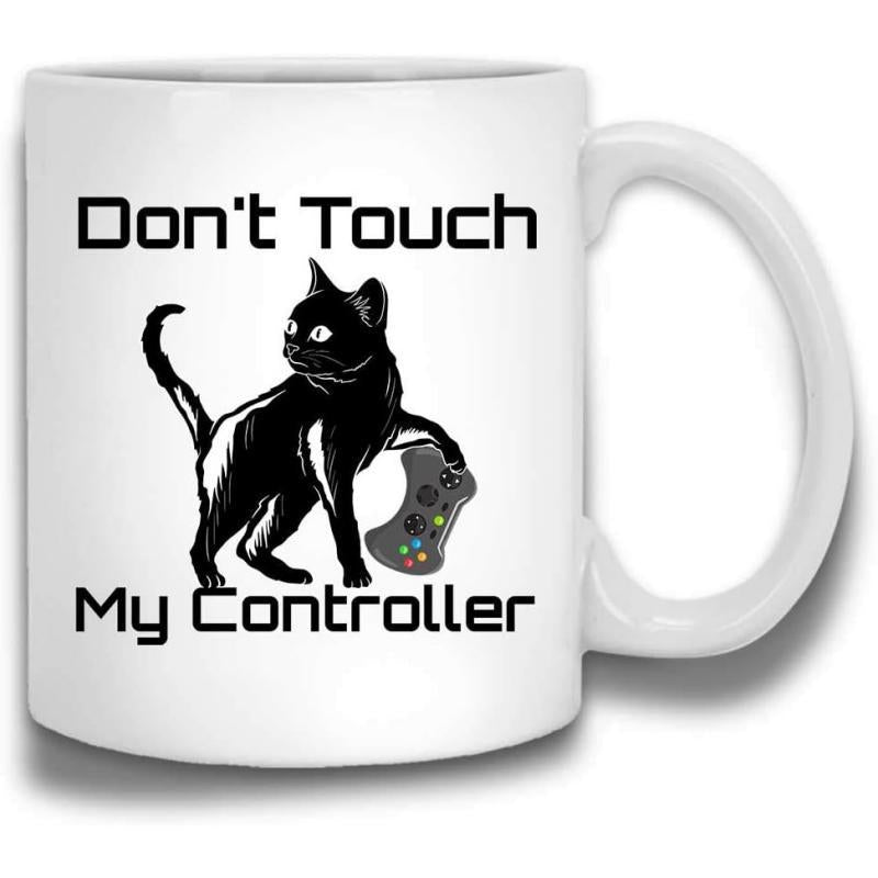 Tailorly White Ceramic 11 oz Mug - Don't Touch My Controller Sleek Black Feline Guarding Handheld Video Game Wireless Controller Cat