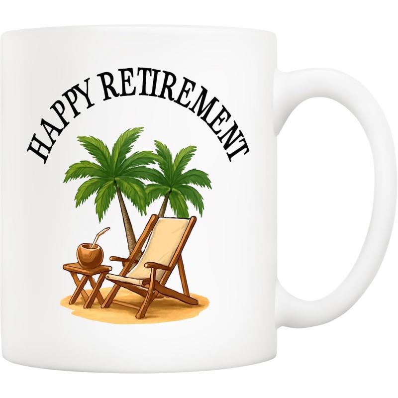 Tailorly White Ceramic 11 oz Mug - Happy Retirement Tropical Summer Landscape With Wooden Beach Chair And Lush Green Palm Tree