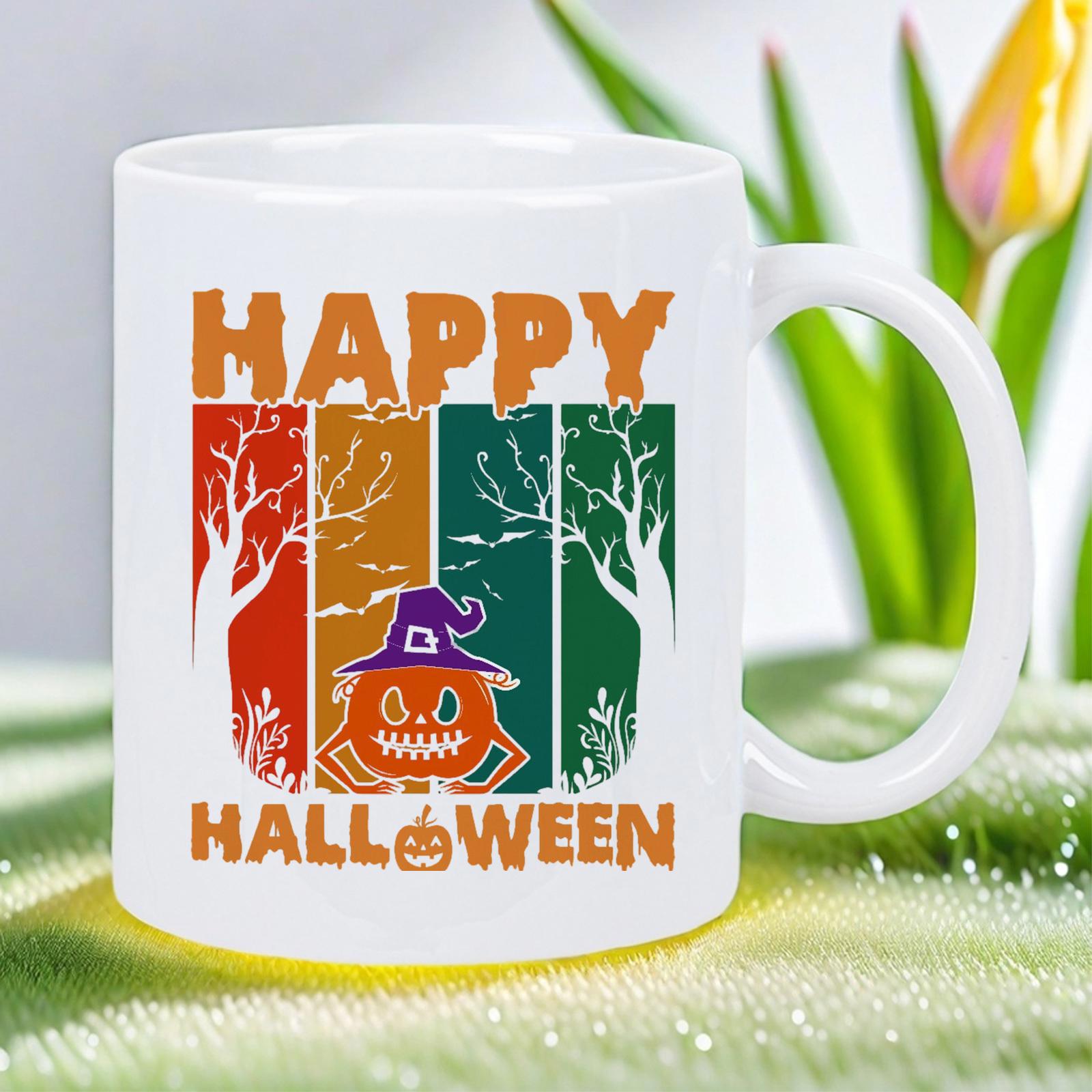 Tailorly White Ceramic 11 oz Mug - Happy Halloween Spooky Trees Against Colorful Retro Striped Sunset With Cute Pumpkin