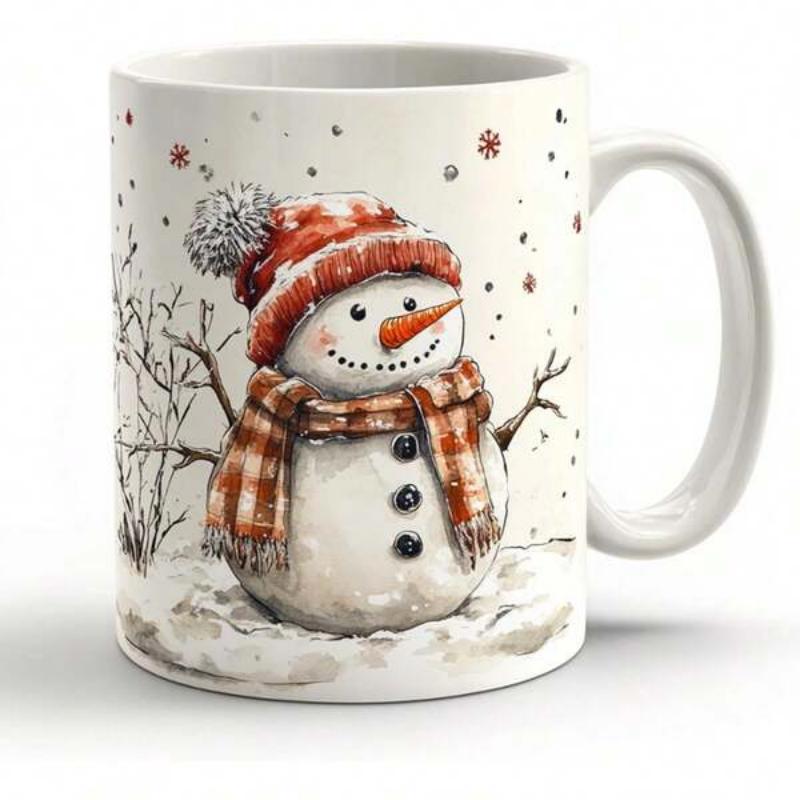 Tailorly White Ceramic 11 oz Mug - Watercolor Winter Scene Featuring A Cozy Red Scarf Wearing Snowman