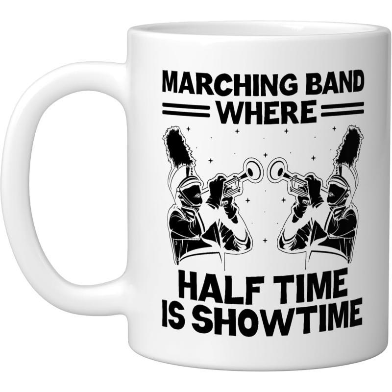 Tailorly White Ceramic 11 oz Mug - Marching Band Where Half Time Is Showtime Symmetrical Silhouettes Playing Trumpets In Uniform Wearing Tall Feathered Hats