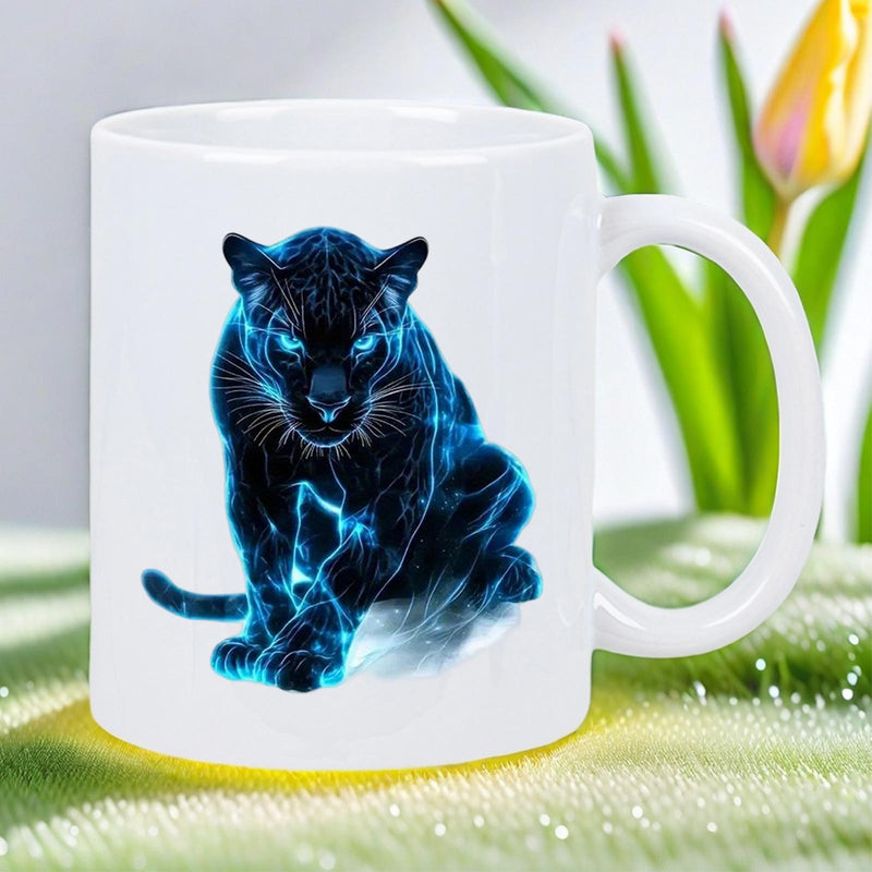 Tailorly White Ceramic 11 oz Mug - Majestic Electric Blue Neon Glowing Wild Cat Sitting In Calm Poise Panther