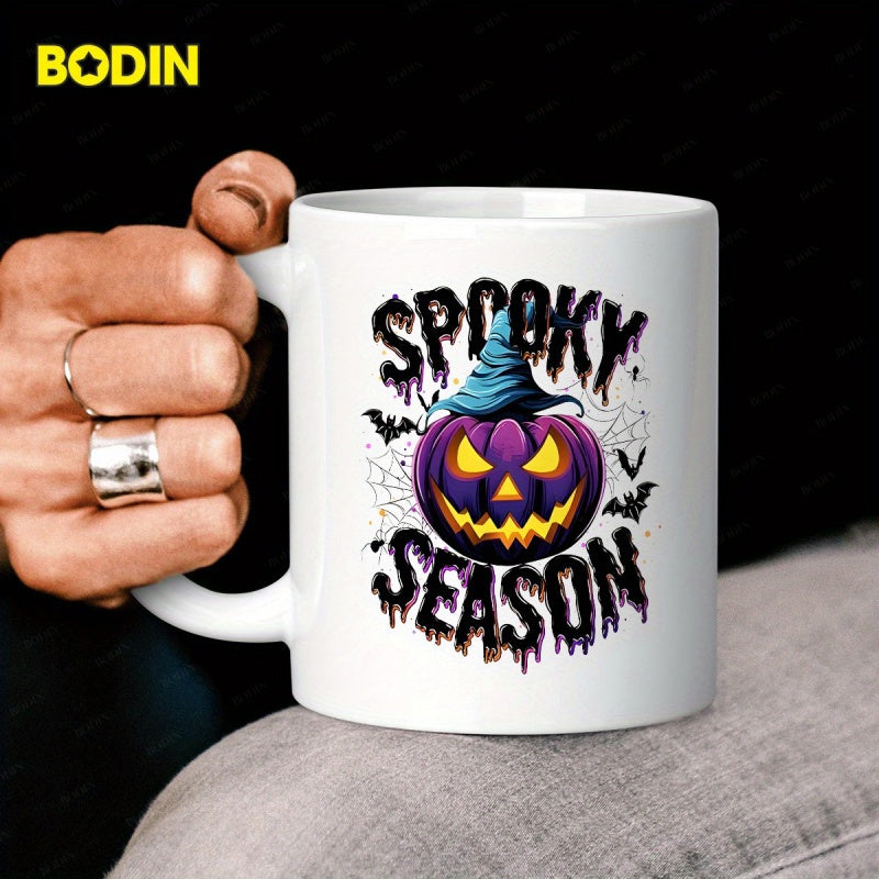Tailorly White Ceramic 11 oz Mug - Spooky Season Vibrant Purple Glowing Jack O Lantern Wearing Pointy Blue Witch Hat Pumpkin