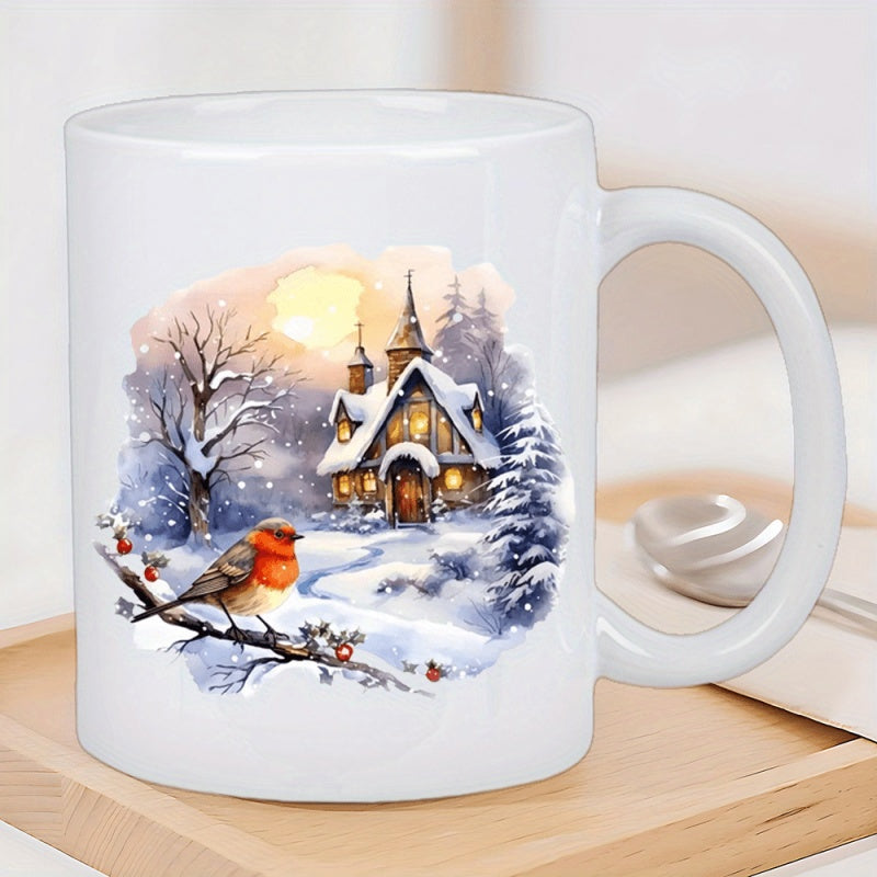 Tailorly White Ceramic 11 oz Mug - Serene Winter Landscape With Red Robin Perched On Snowy Branch Cottage