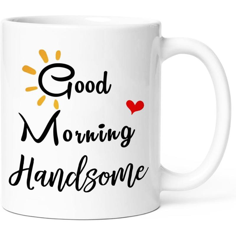 Tailorly White Ceramic 11 oz Mug - Good Morning Handsome Radiant Yellow Sun With Red Heart Among Artistic Handwritten Text Mug