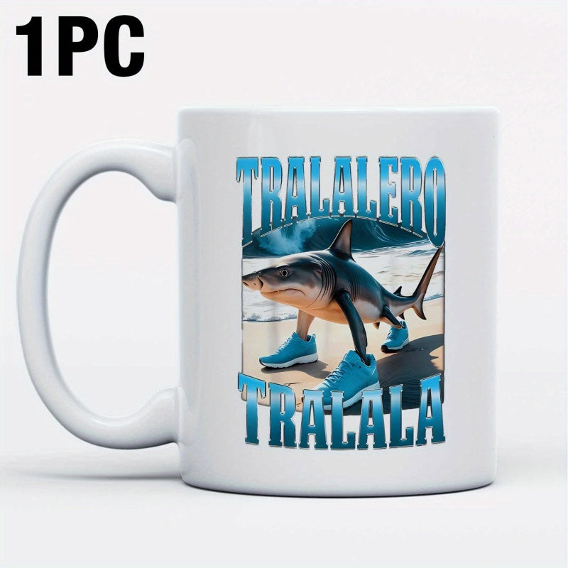 Tailorly White Ceramic 11 oz Mug - Tralalero Tralala Surreal Shark Wearing Blue Sneakers Walking On Sunny Beach Shark