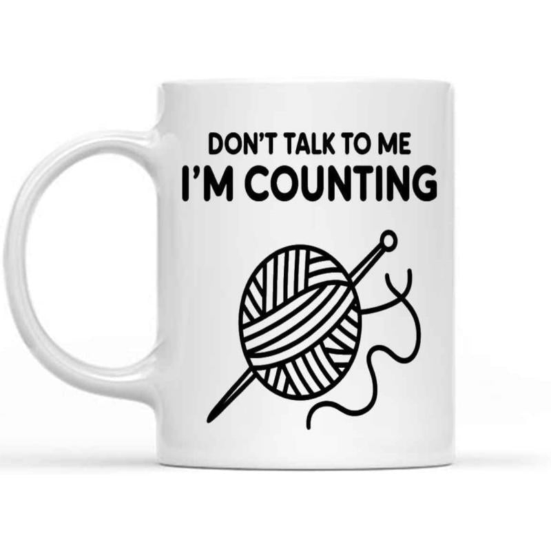 Tailorly White Ceramic 11 oz Mug - Don't Talk To Me I'm Counting Simple Black Line Art Featuring A Detailed Knitting Thread Yarn Ball Yarn Ball
