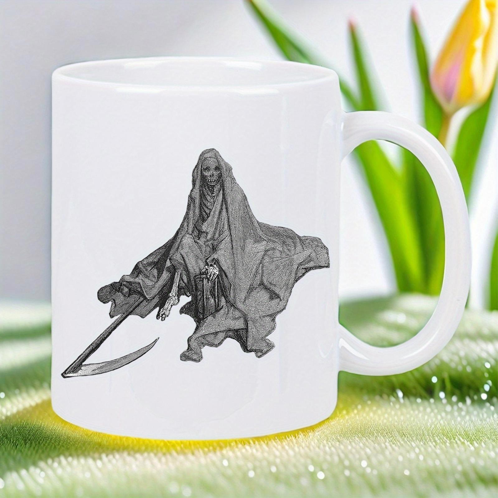 Tailorly White Ceramic 11 oz Mug - Mysterious Cloaked Figure Holding A Sharp Scythe In A Dark Symbolic State Reaper