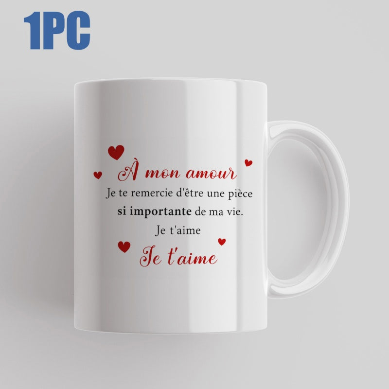 Tailorly White Ceramic 11 oz Mug - Scattered Small Red Hearts Floating Around Elegant Romantic Script Heart