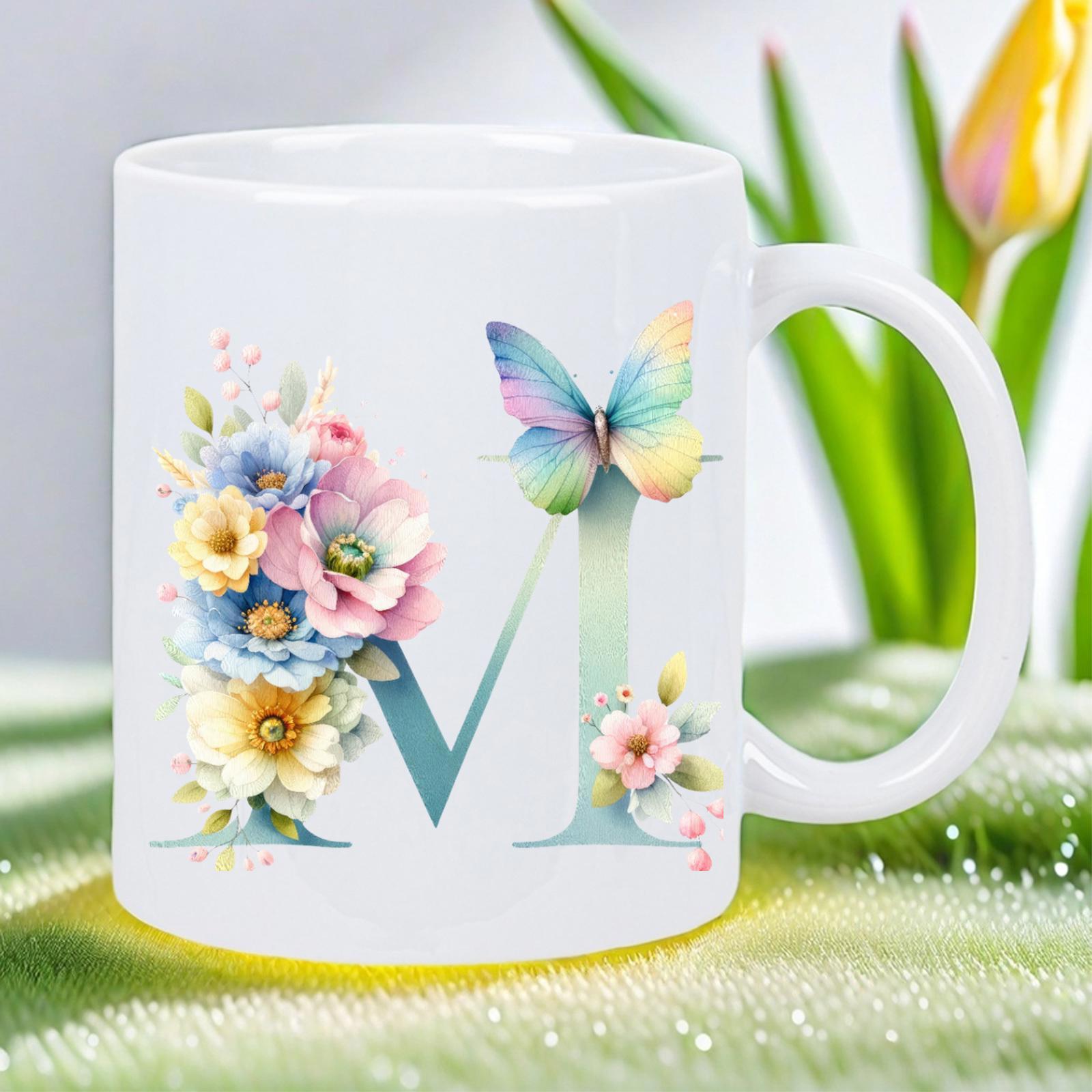Tailorly White Ceramic 11 oz Mug - M Colorful Watercolor Garden Flowers Blooming Near A Graceful Flying Butterfly Letter M